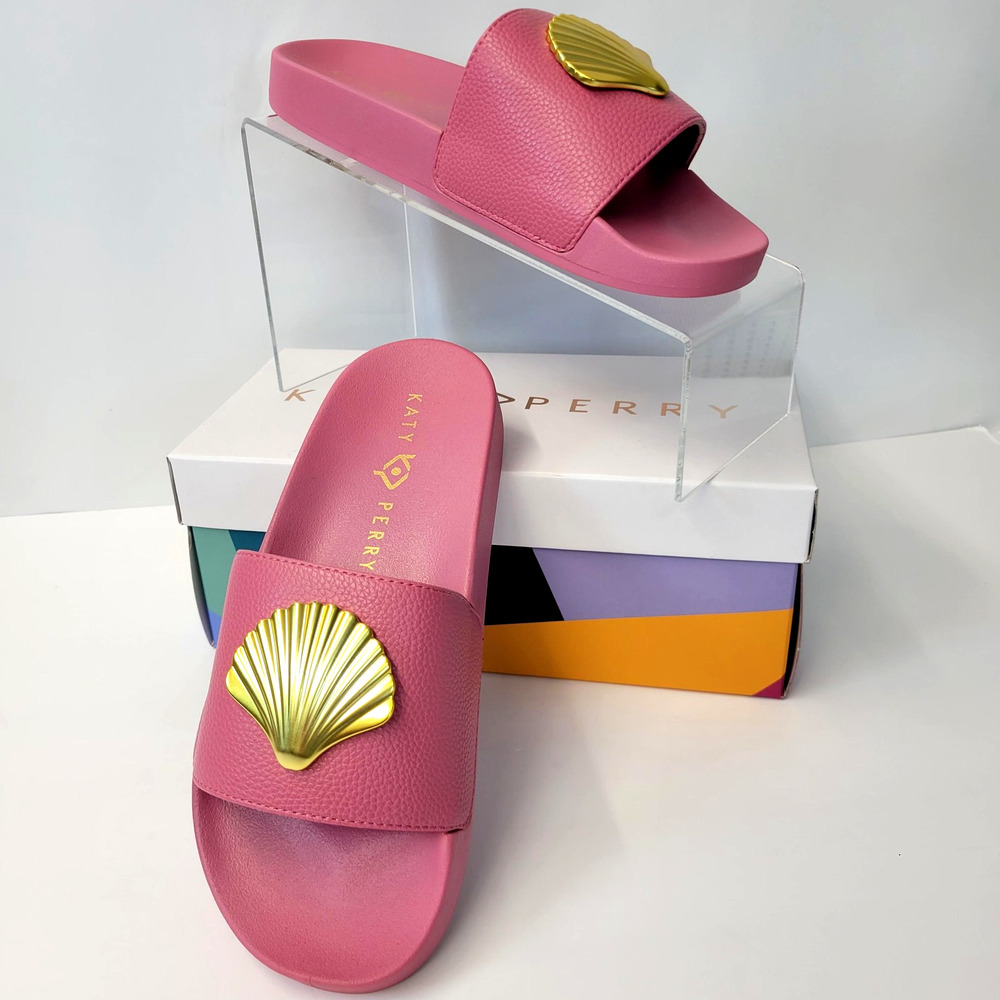 Katy Perry Pool Slide Shell Shoes Womens Size 7M Dark Pink Gold Seashell Sandals